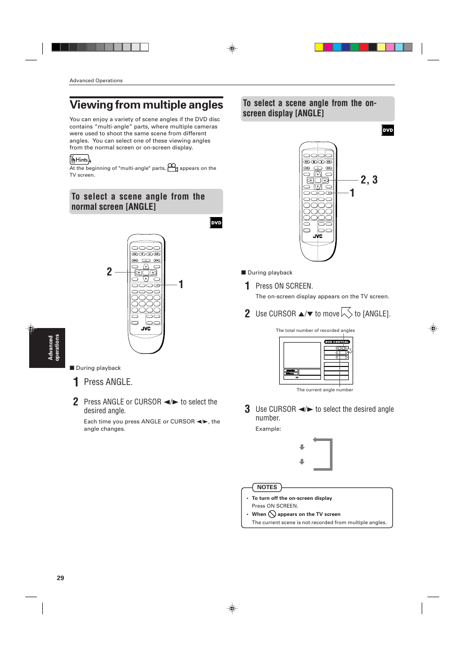 Viewing from multiple angles, Press angle, Press on screen | Use cursor 5/∞ to move to [angle, Use cursor 2/3 to select the desired angle number, Advanced operations, During playback, The on-screen display appears on the tv screen, Example | JVC XV-511BK  EN User Manual | Page 32 / 48
