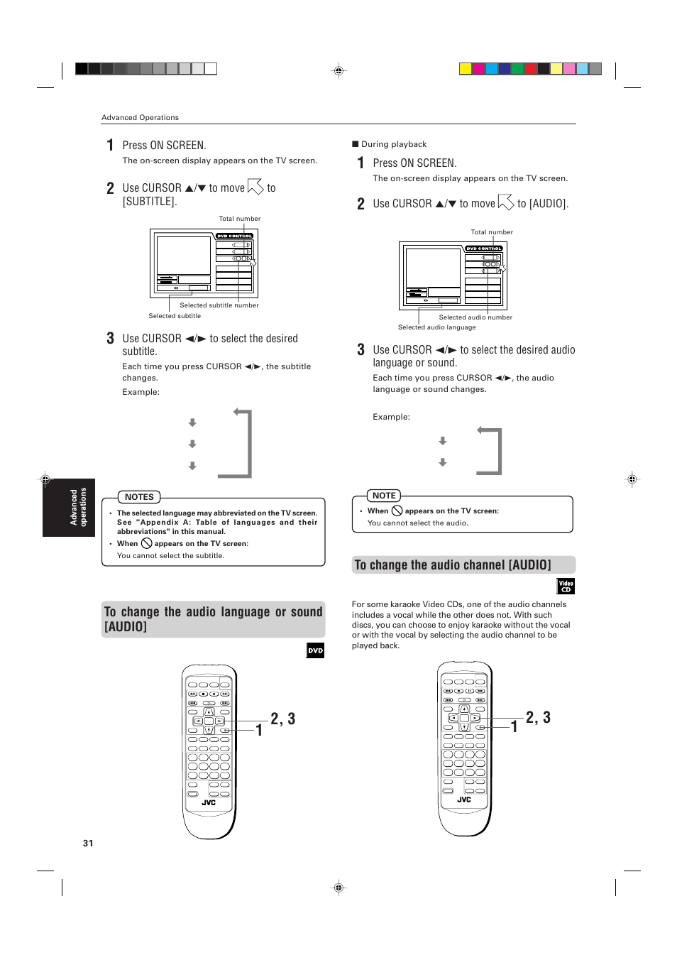 Press on screen, Use cursor 5/∞ to move to [subtitle, Use cursor 2/3 to select the desired subtitle | Use cursor 5/∞ to move to [audio, Advanced operations, The on-screen display appears on the tv screen, During playback | JVC XV-511BK  EN User Manual | Page 34 / 48