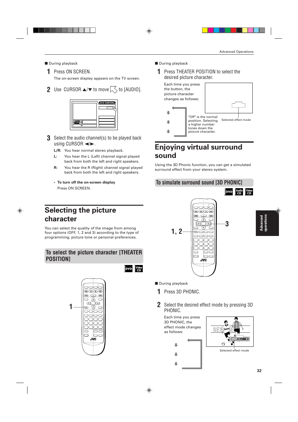 Selecting the picture character, Enjoying virtual surround sound, Press on screen | Use cursor 5/∞ to move to [audio, Press 3d phonic, Advanced operations, During playback, The on-screen display appears on the tv screen, 12 3 off, Action* drama theater off | JVC XV-511BK EN User Manual | Page 35 / 48