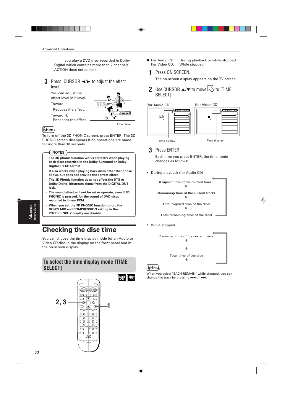 Checking the disc time, Press cursor 2/3 to adjust the effect level, Press enter | Press on screen, Use cursor 5/∞ to move to [time select | JVC XV-511BK  EN User Manual | Page 36 / 48