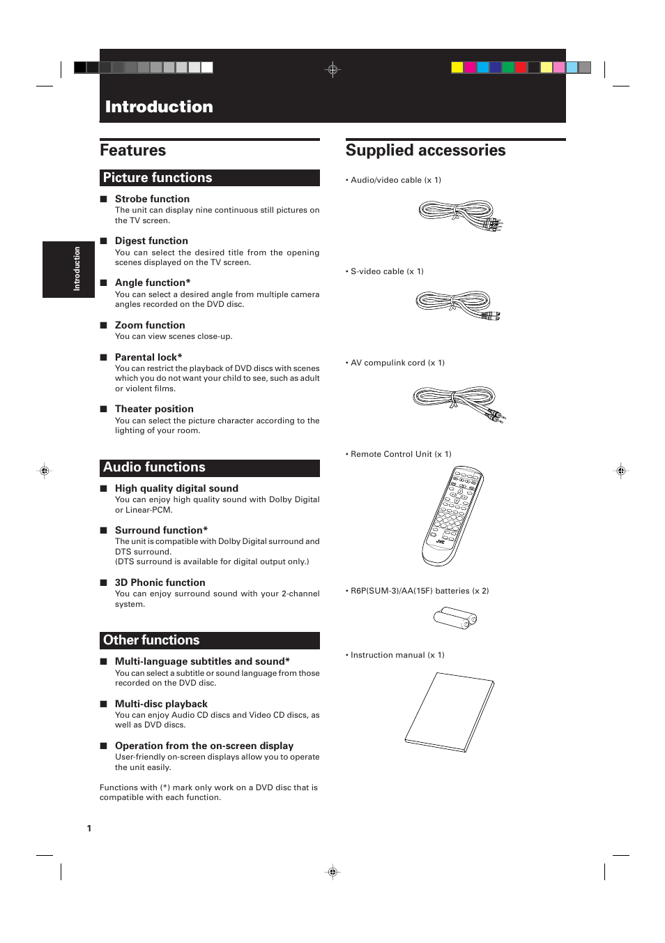 Features, Supplied accessories, Introduction | Picture functions, Audio functions, Other functions | JVC XV-511BK  EN User Manual | Page 4 / 48