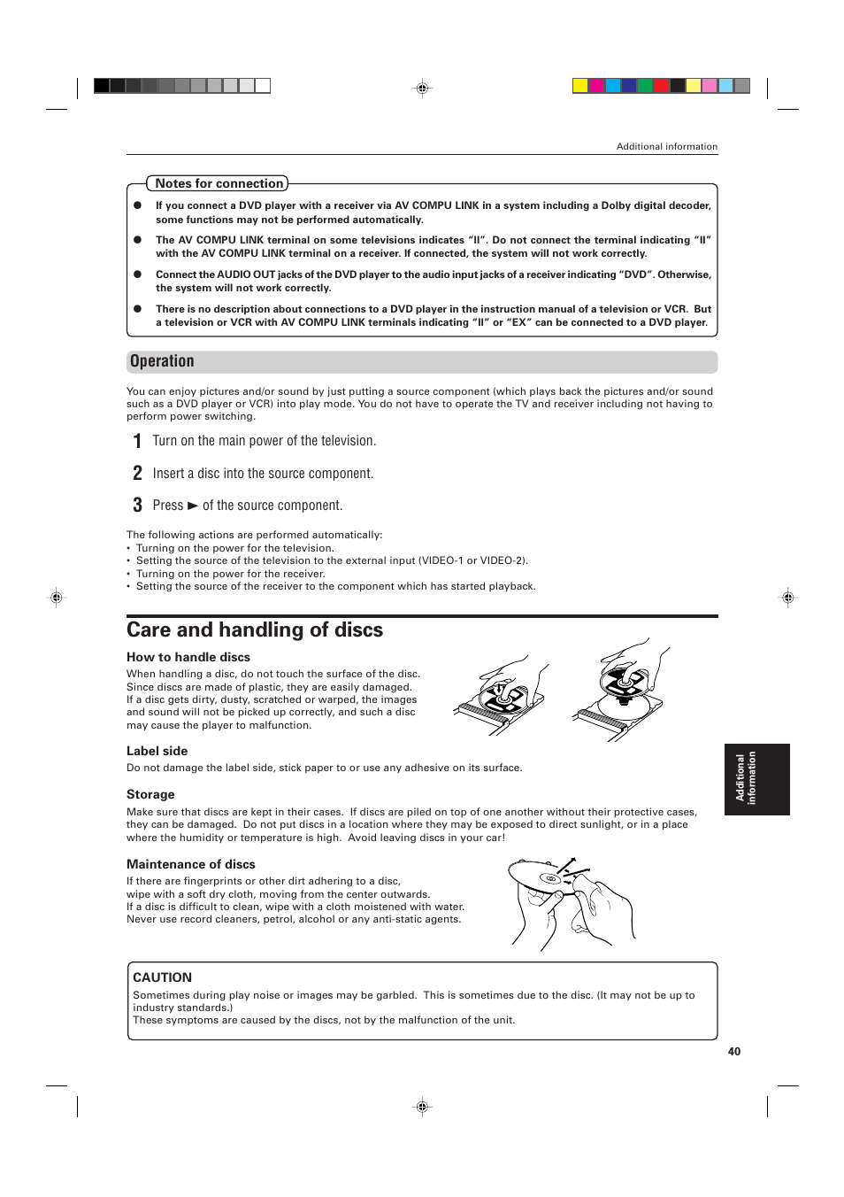 Care and handling of discs, Operation | JVC XV-511BK  EN User Manual | Page 43 / 48