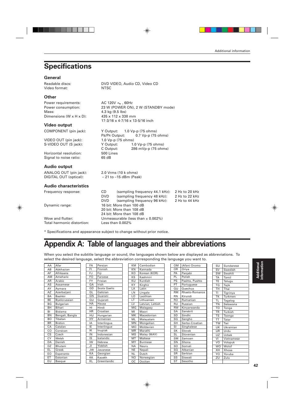 Specifications, General, Other | Video output, Audio output, Audio characteristics | JVC XV-511BK  EN User Manual | Page 45 / 48