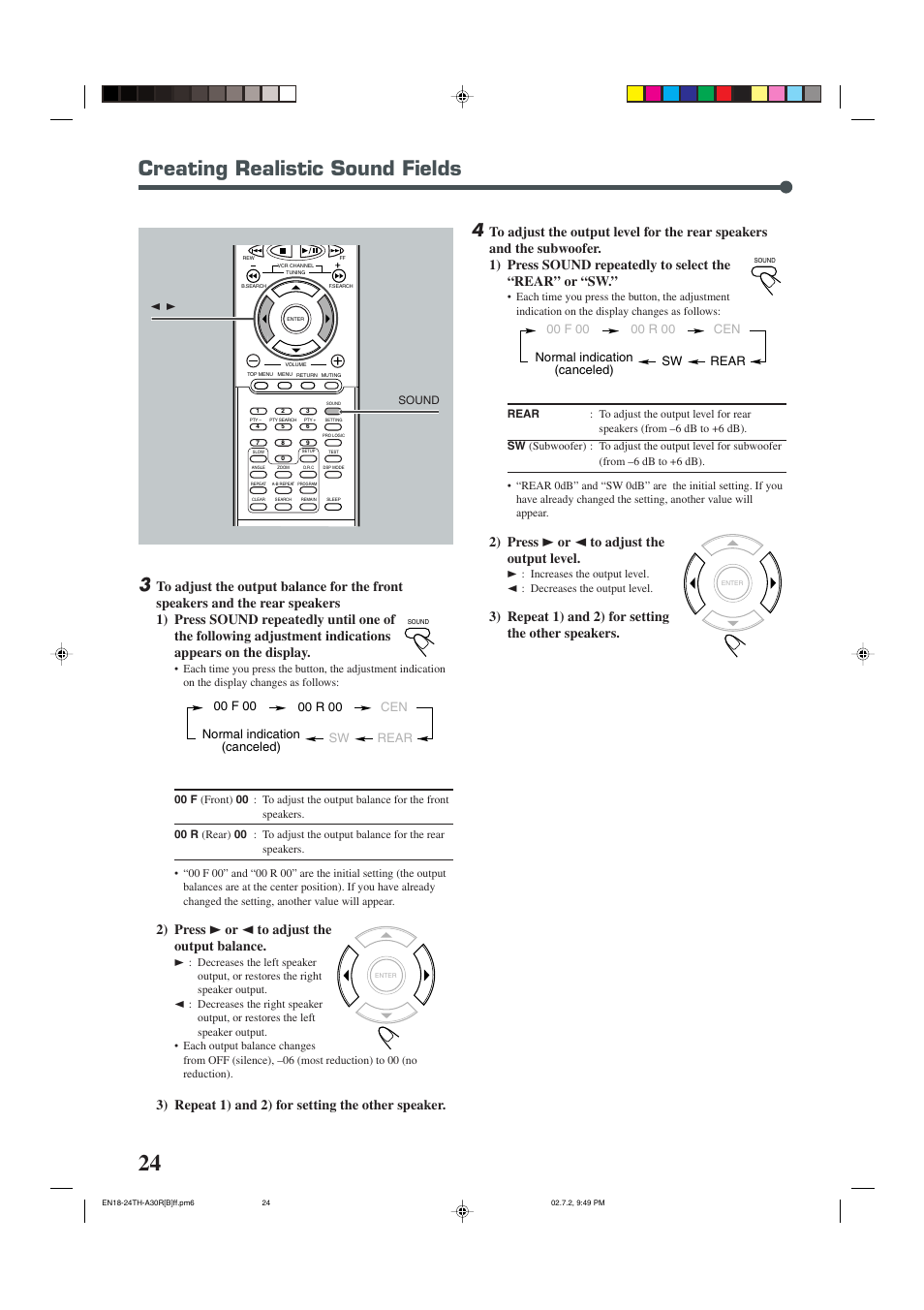 Creating realistic sound fields, 2) press 3 or 2 to adjust the output level, 3) repeat 1) and 2) for setting the other speakers | 2) press 3 or 2 to adjust the output balance, 3) repeat 1) and 2) for setting the other speaker | JVC TH-A30R User Manual | Page 28 / 64