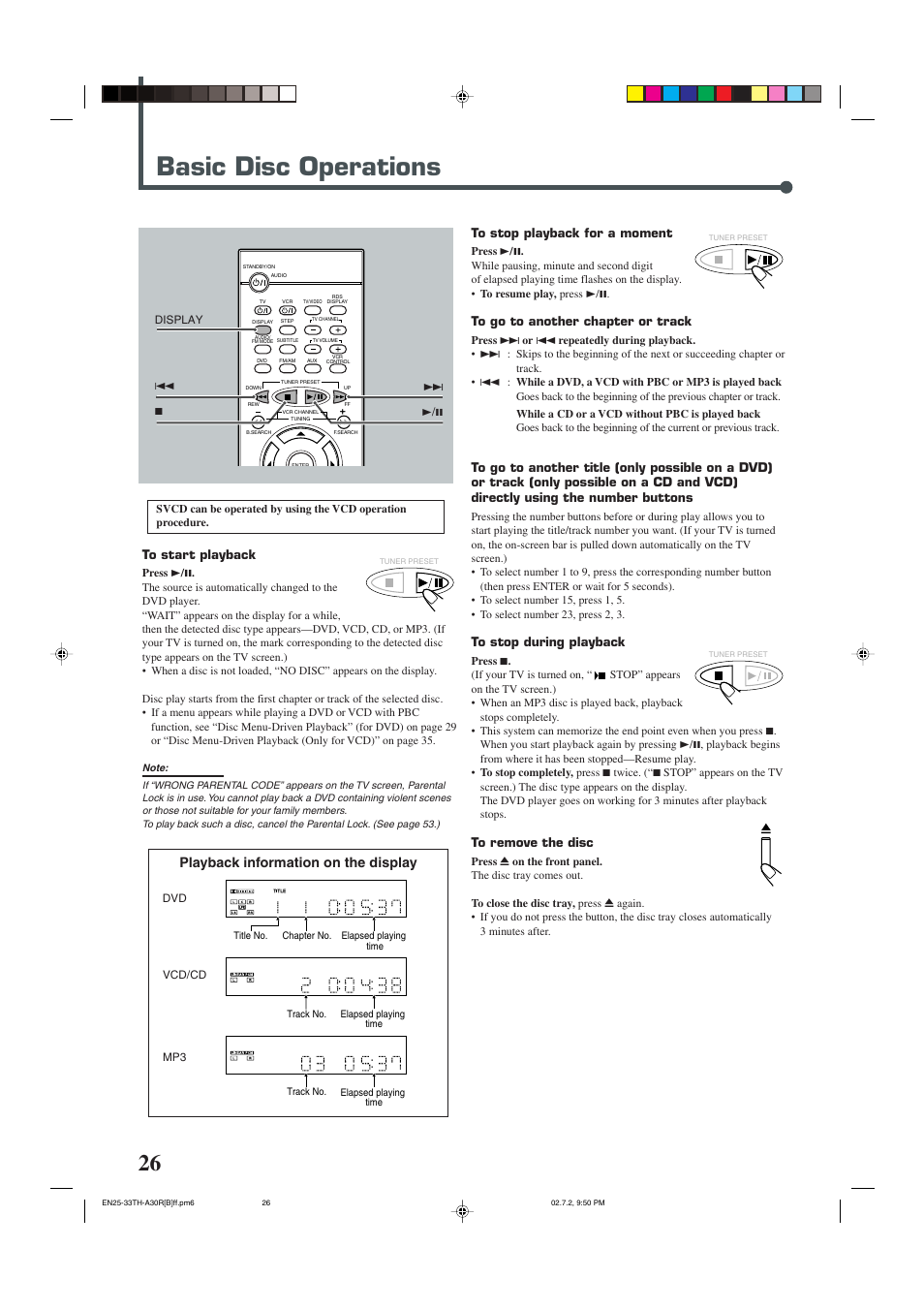 Basic disc operations, Playback information on the display | JVC TH-A30R User Manual | Page 30 / 64