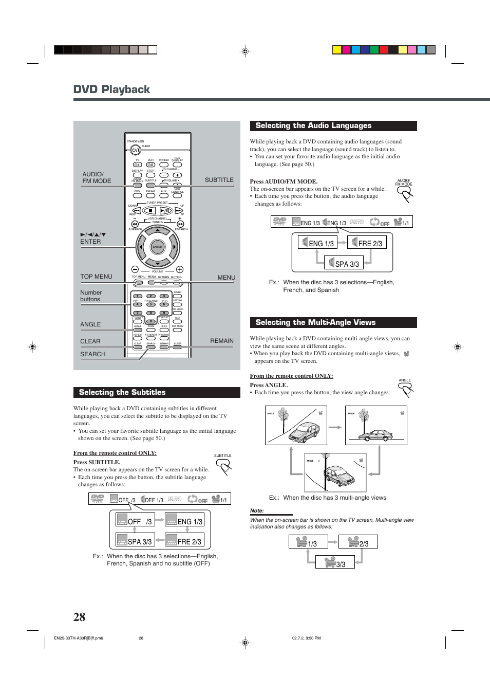 Dvd playback, Selecting the audio languages, Selecting the multi-angle views | Selecting the subtitles | JVC TH-A30R User Manual | Page 32 / 64