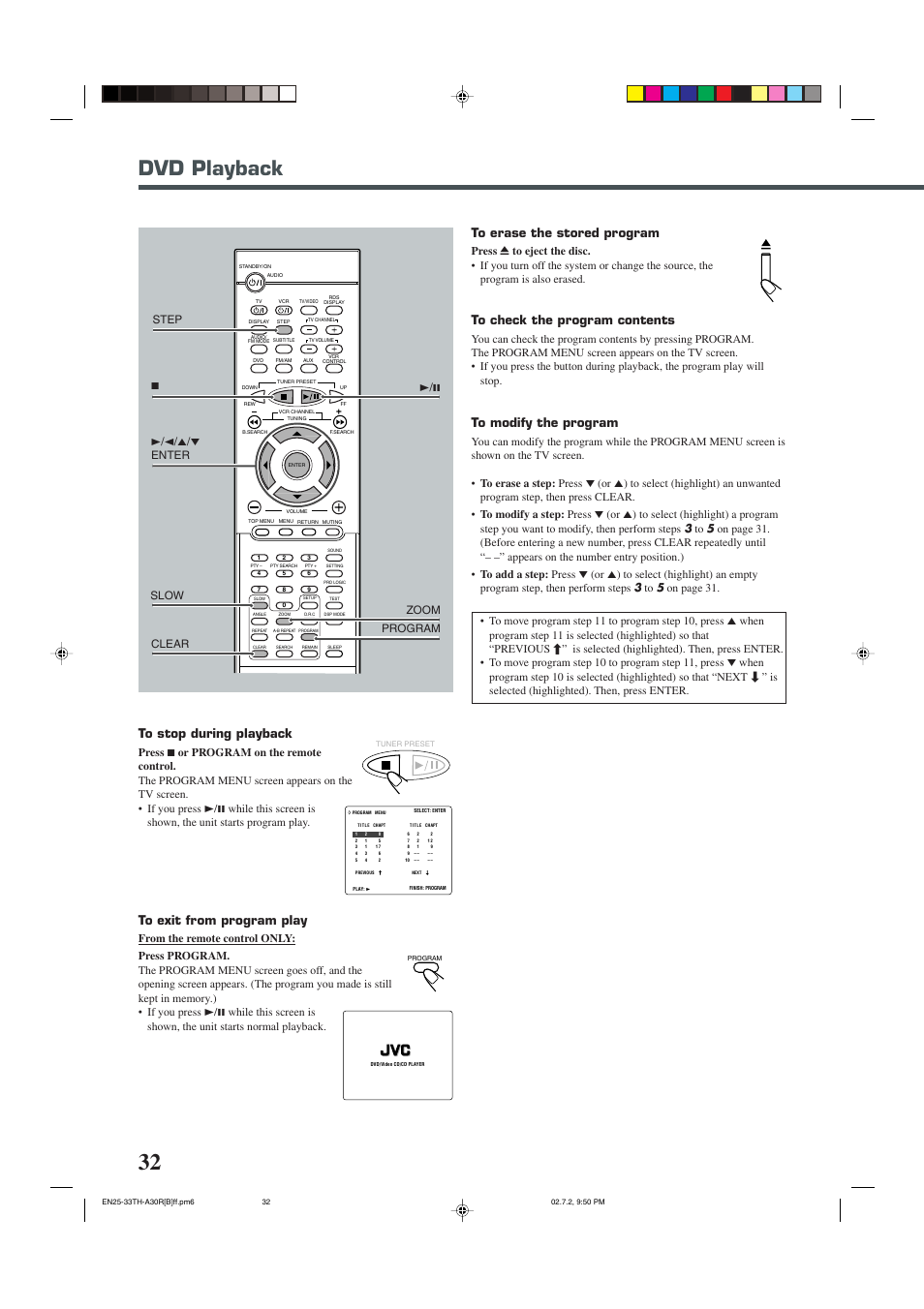 Dvd playback, Step slow | JVC TH-A30R User Manual | Page 36 / 64