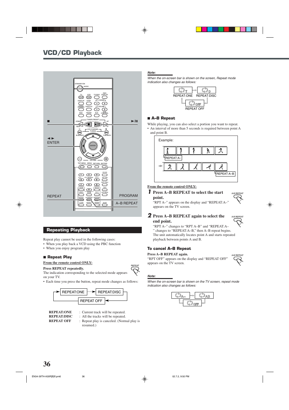 Vcd/cd playback, Press a–b repeat to select the start point, Press a–b repeat again to select the end point | Repeating playback, 7 repeat play, 7 a–b repeat | JVC TH-A30R User Manual | Page 40 / 64