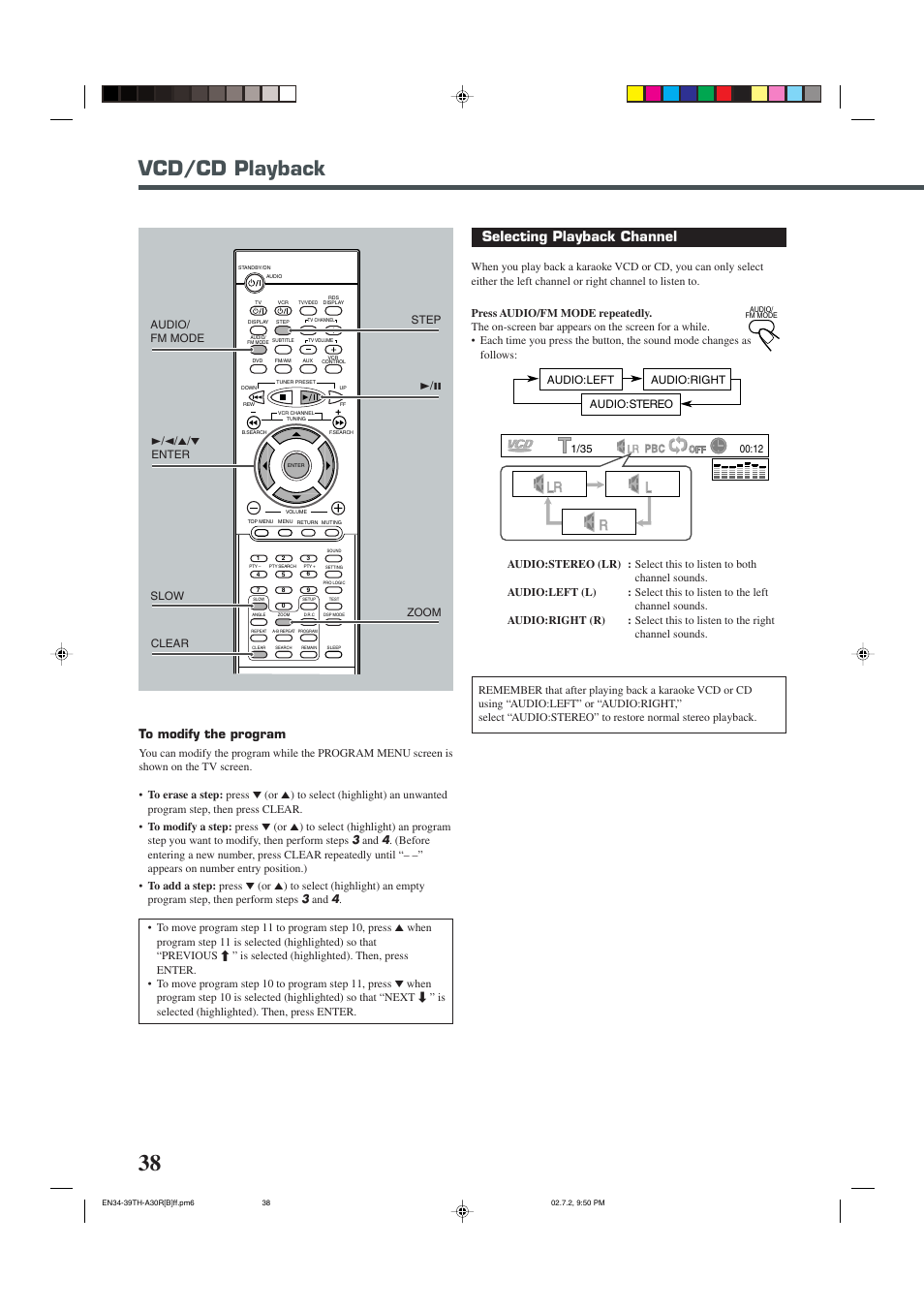 Vcd/cd playback, Selecting playback channel | JVC TH-A30R User Manual | Page 42 / 64