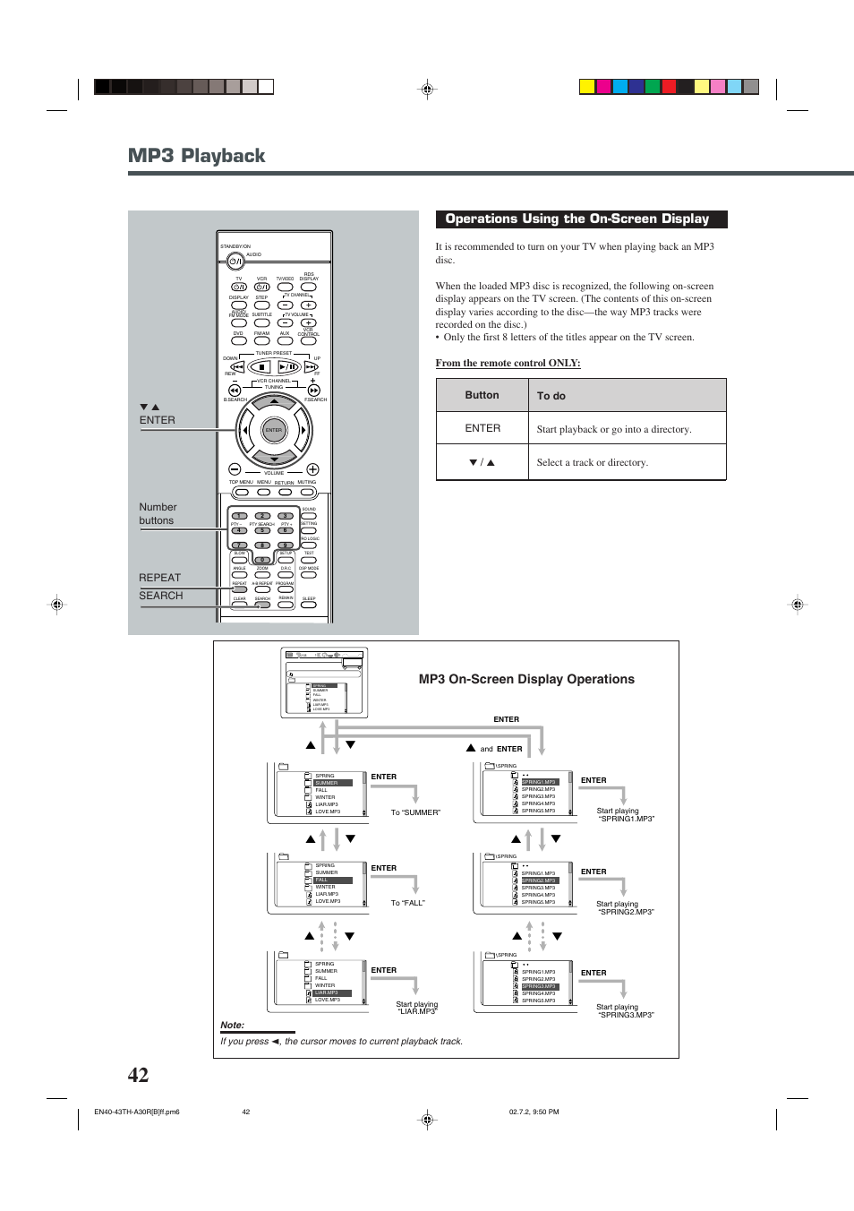 Mp3 playback, Operations using the on-screen display, Mp3 on-screen display operations | 5 enter search number buttons | JVC TH-A30R User Manual | Page 46 / 64
