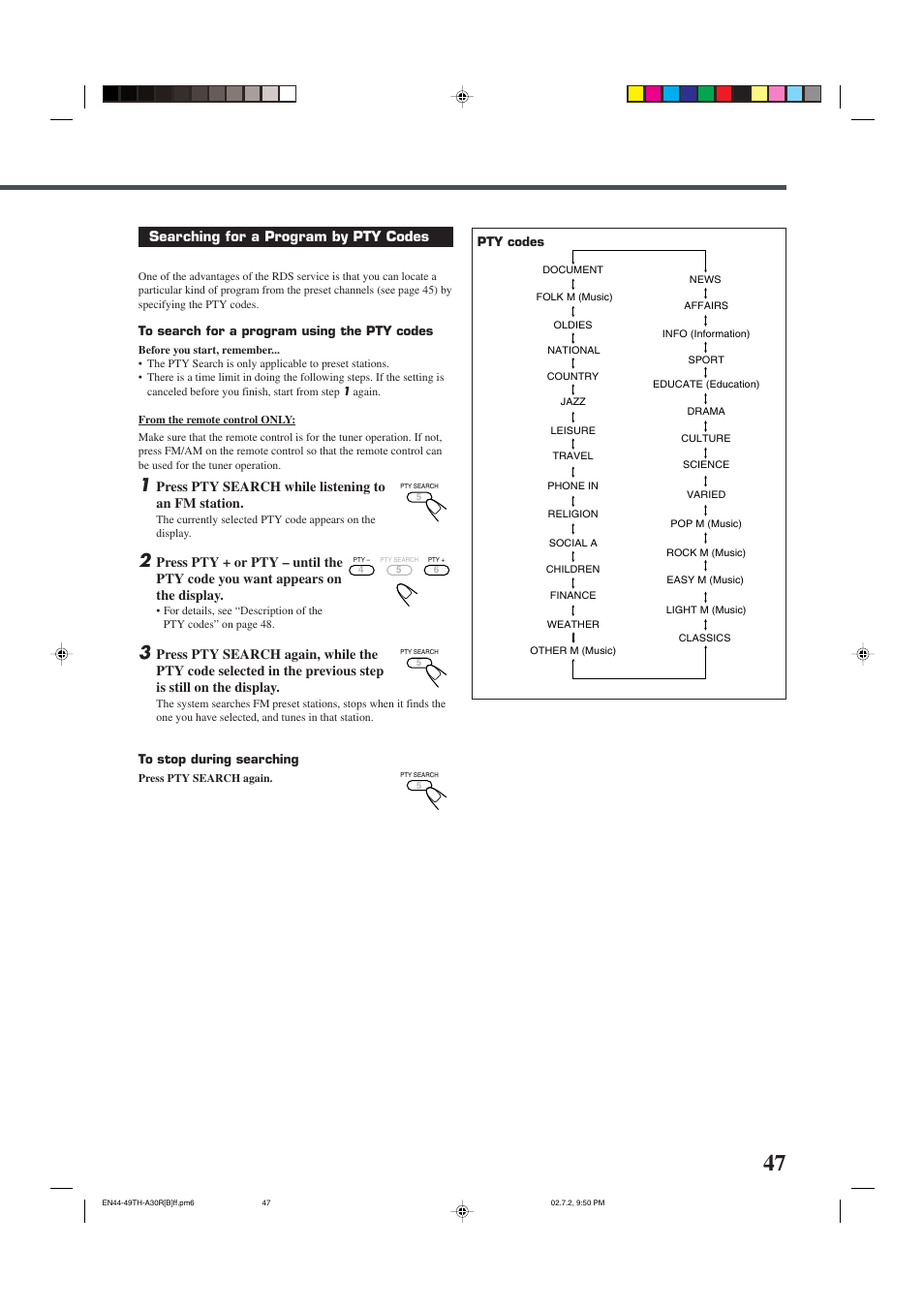 Searching for a program by pty codes, Press pty search while listening to an fm station | JVC TH-A30R User Manual | Page 51 / 64