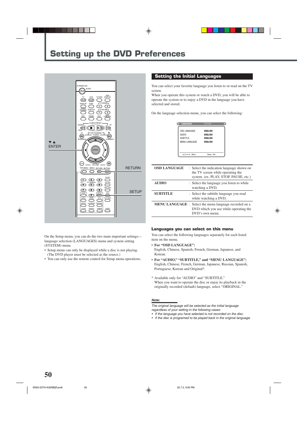 Setting up the dvd preferences, Setting the initial languages, Languages you can select on this menu | 5 enter setup return | JVC TH-A30R User Manual | Page 54 / 64