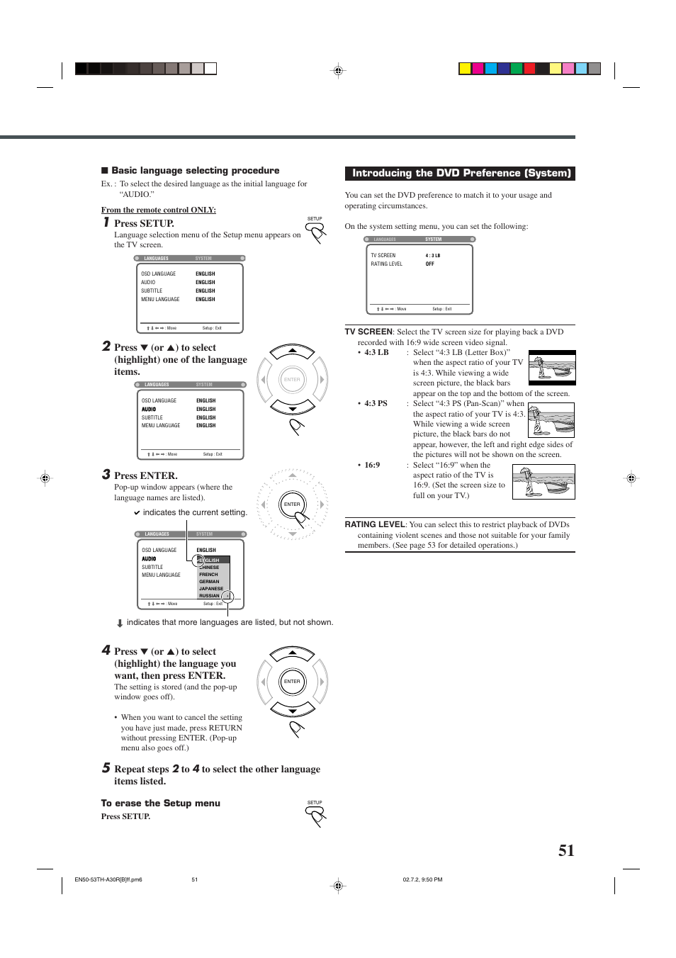 Press setup, Press enter, Introducing the dvd preference (system) | Basic language selecting procedure | JVC TH-A30R User Manual | Page 55 / 64