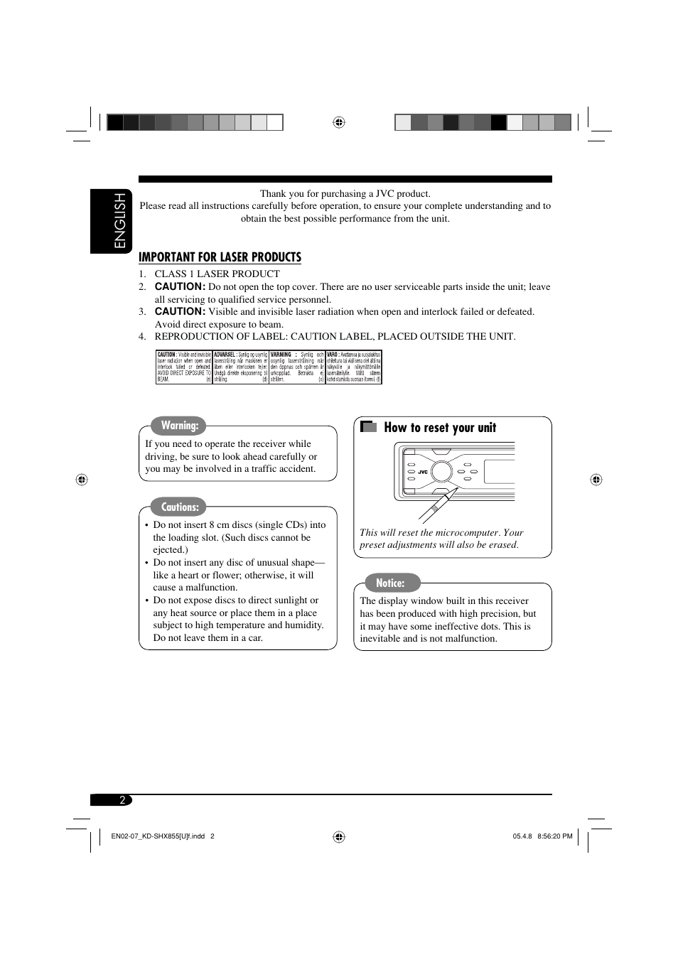 English how to reset your unit | JVC EXAD LVT1373-001A User Manual | Page 2 / 58