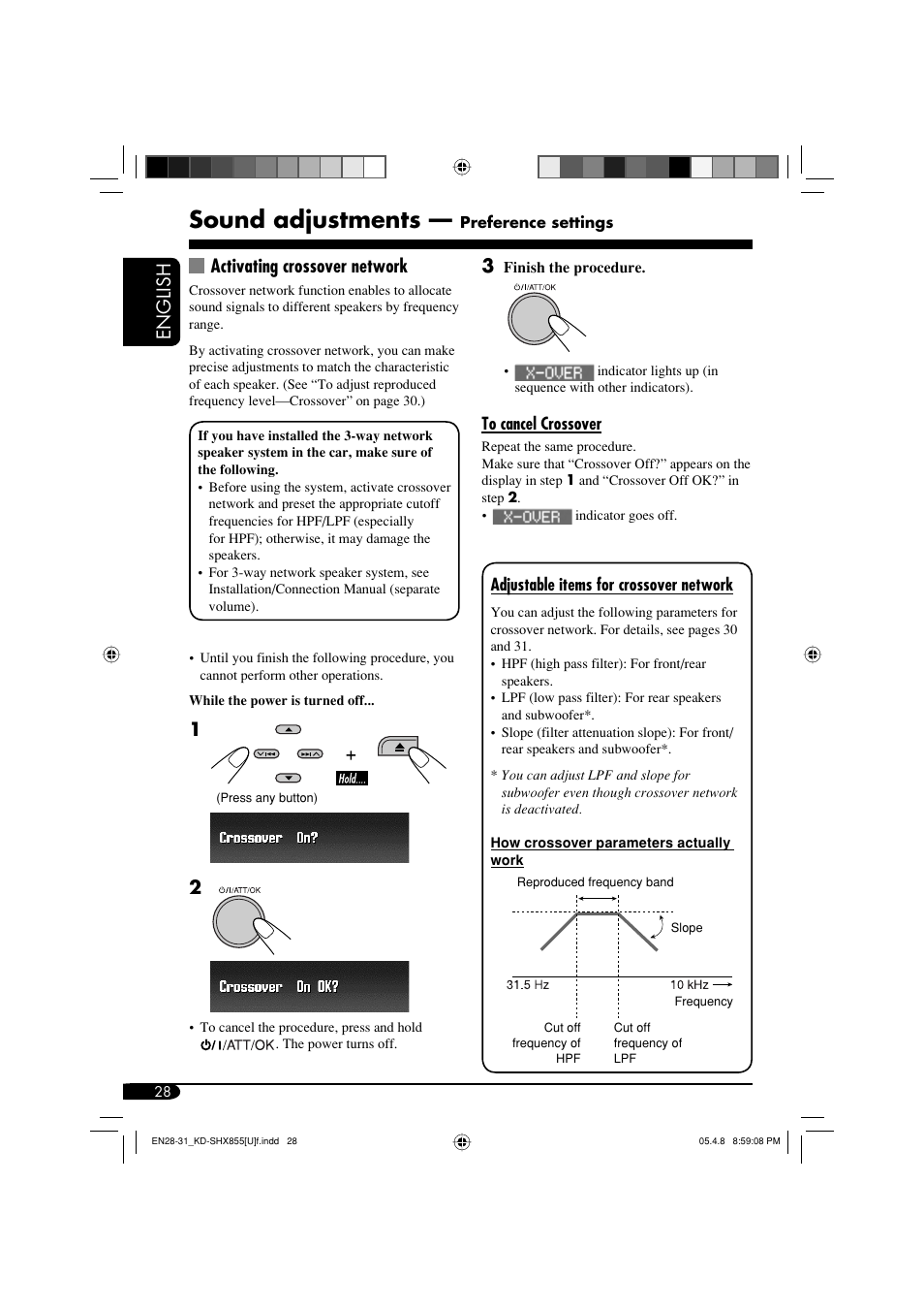 Sound adjustments — preference settings, Sound adjustments, English | Activating crossover network | JVC EXAD LVT1373-001A User Manual | Page 28 / 58