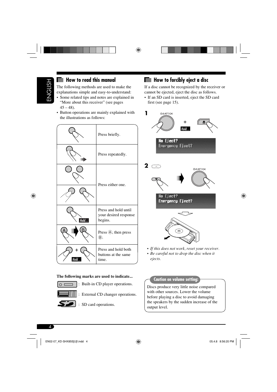 English how to read this manual, How to forcibly eject a disc | JVC EXAD LVT1373-001A User Manual | Page 4 / 58