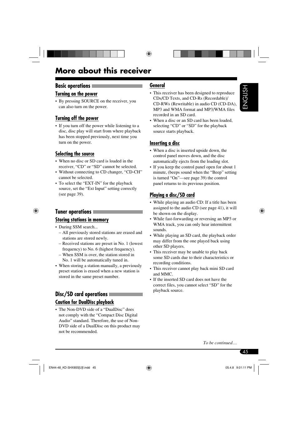 More about this receiver, English, Basic operations | Tuner operations, Disc/sd card operations | JVC EXAD LVT1373-001A User Manual | Page 45 / 58