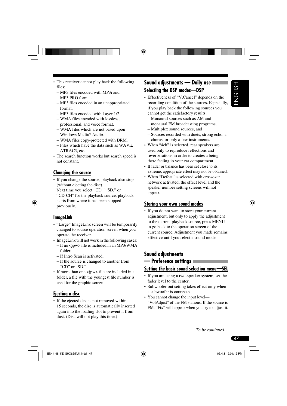 English, Sound adjustments — daily use, Sound adjustments — preference settings | JVC EXAD LVT1373-001A User Manual | Page 47 / 58