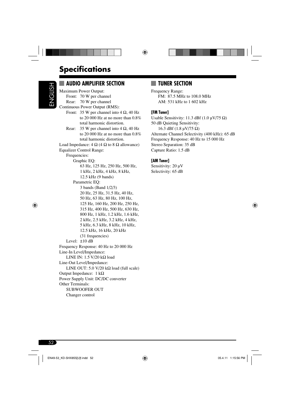 Specifications, English | JVC EXAD LVT1373-001A User Manual | Page 52 / 58