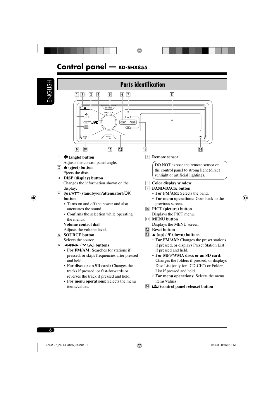 Control panel, Parts identification, English | JVC EXAD LVT1373-001A User Manual | Page 6 / 58