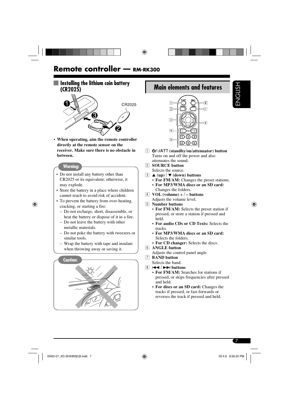 Remote controller, Main elements and features, English | Installing the lithium coin battery (cr2025) | JVC EXAD LVT1373-001A User Manual | Page 7 / 58