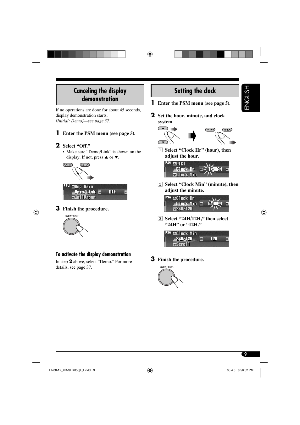 Setting the clock, Canceling the display demonstration | JVC EXAD LVT1373-001A User Manual | Page 9 / 58