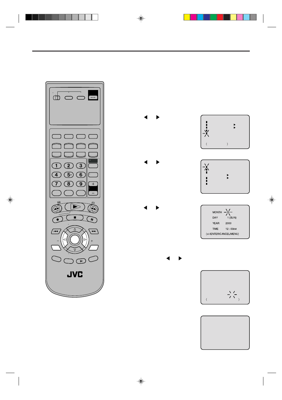 Manual clock setting, Vcr/dvd/tv, Press setup menu . the vcr menu screen will appear | Set the day, year and time as in step 4 | JVC LPT0719-001A User Manual | Page 23 / 60