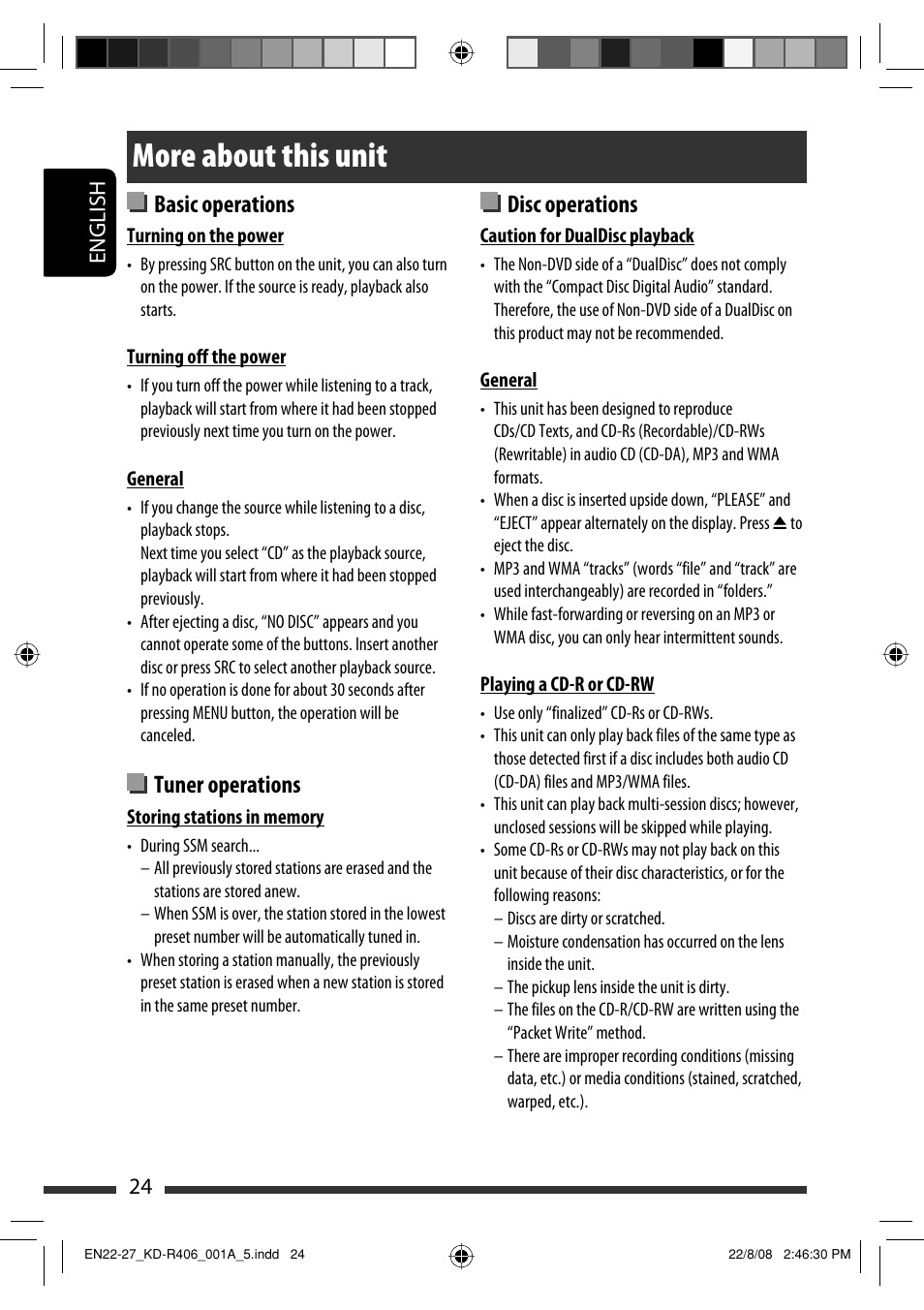 More about this unit, Basic operations, Tuner operations | Disc operations, English 24 | JVC GET0570-001A User Manual | Page 102 / 198