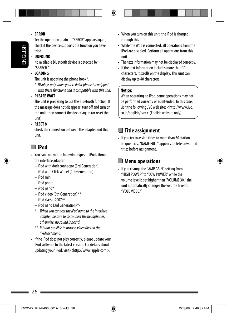 Ipod, Title assignment, Menu operations | English 26 | JVC GET0570-001A User Manual | Page 104 / 198