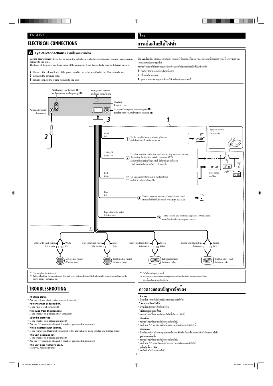 Electrical connections, Troubleshooting, Лх¡‚¥¬„™и ‰шши | Μ√«® õ∫ªн≠а“¢—¥¢ихя, Ëõ¡µëõ·∫∫ª°µ, English, Typical connections | JVC GET0570-001A User Manual | Page 115 / 198