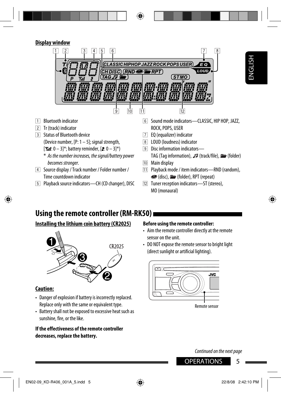 Using the remote controller (rm-rk50), English 5 operations | JVC GET0570-001A User Manual | Page 125 / 198