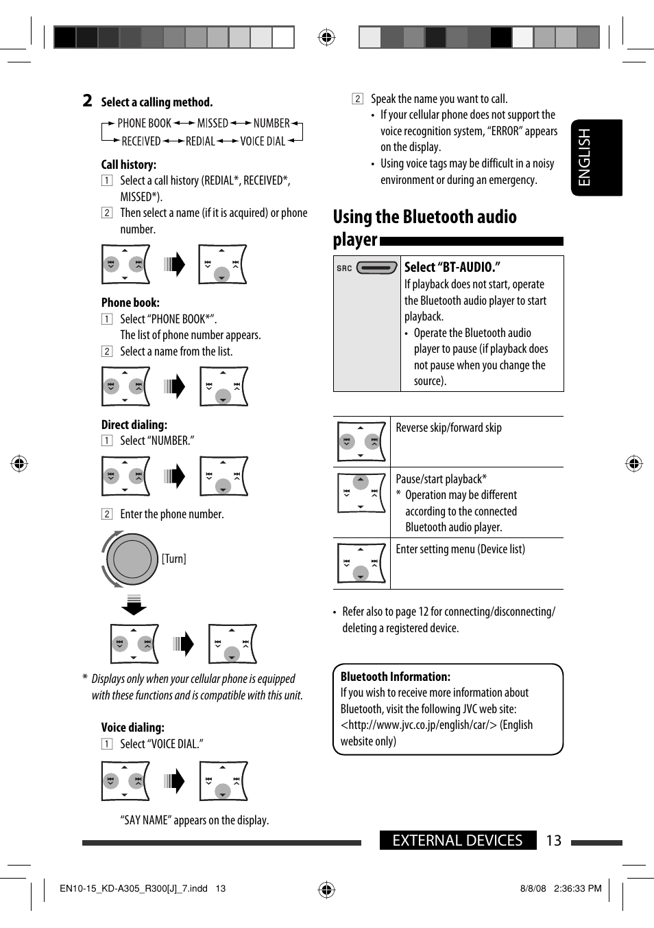 Using the bluetooth audio player, English 13 external devices | JVC GET0570-001A User Manual | Page 13 / 198