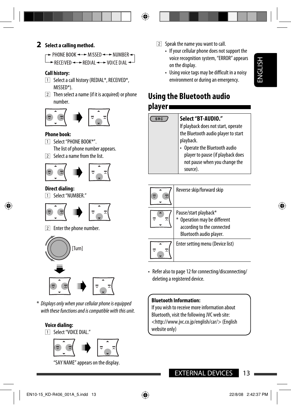 Using the bluetooth audio player, English 13 external devices | JVC GET0570-001A User Manual | Page 133 / 198