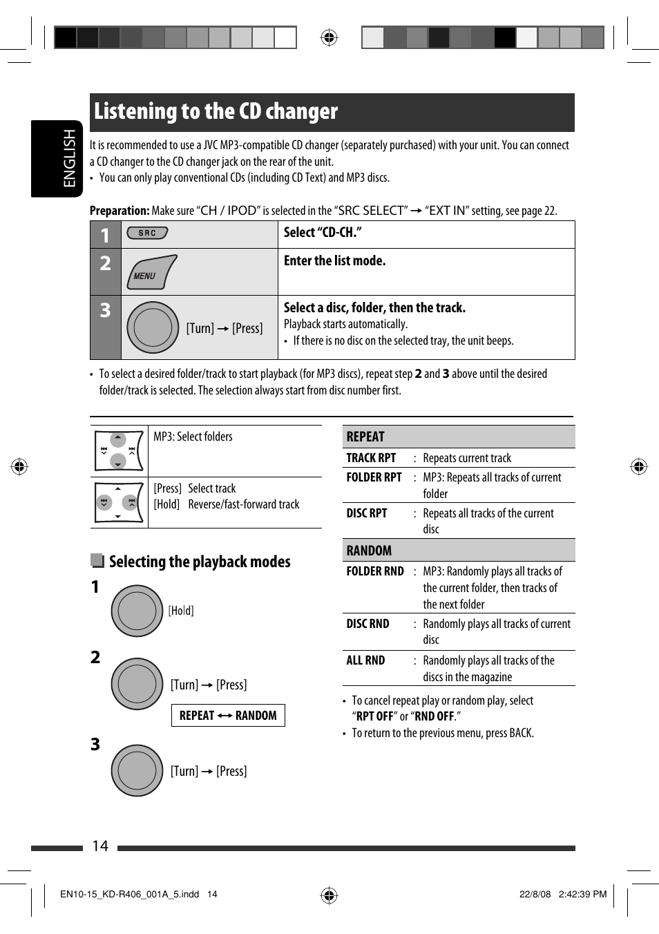 Listening to the cd changer, Selecting the playback modes | JVC GET0570-001A User Manual | Page 134 / 198