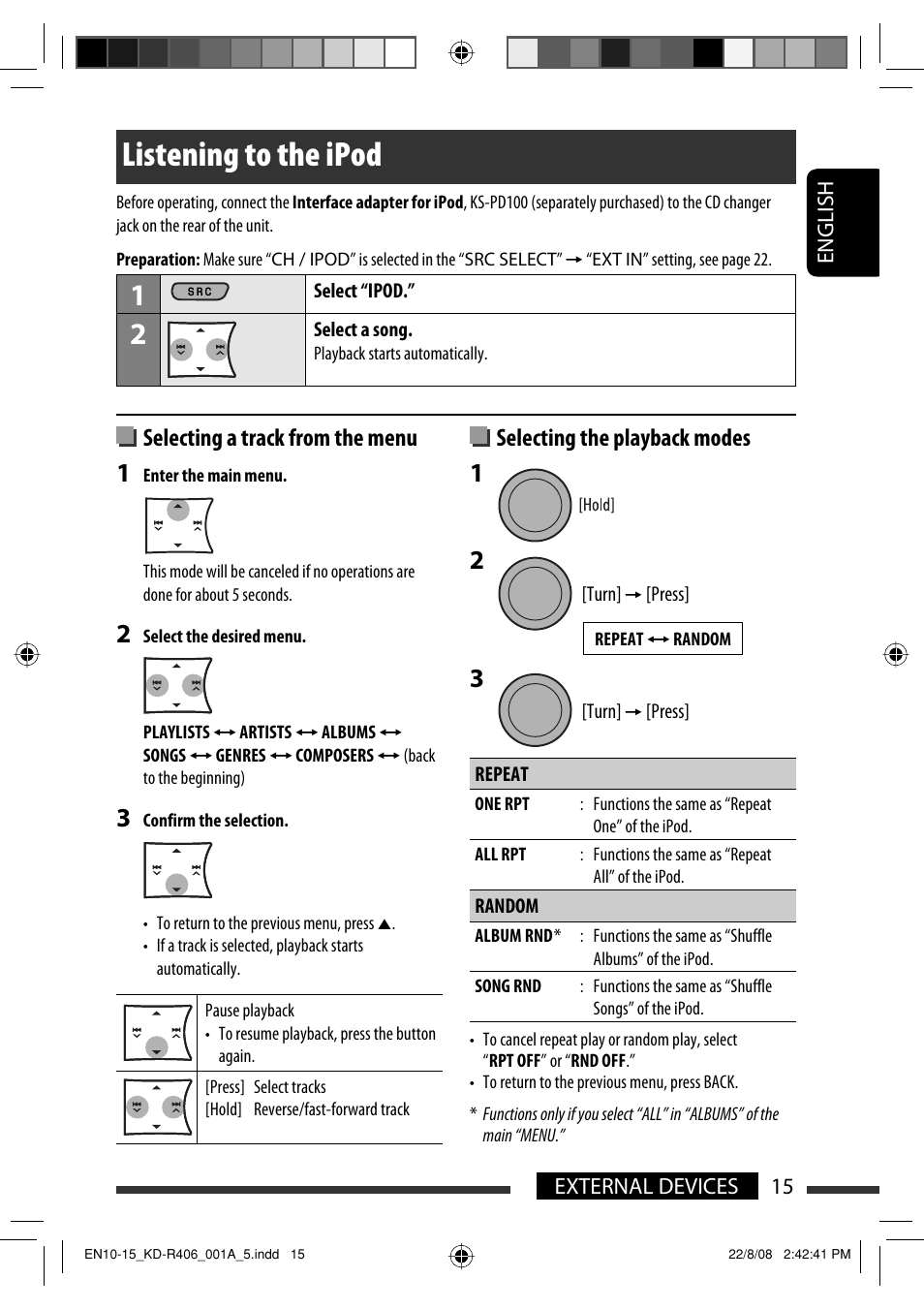 Listening to the ipod, Selecting a track from the menu, Selecting the playback modes | JVC GET0570-001A User Manual | Page 135 / 198