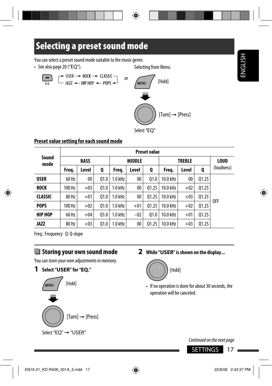 Selecting a preset sound mode, Storing your own sound mode, English 17 settings | JVC GET0570-001A User Manual | Page 137 / 198