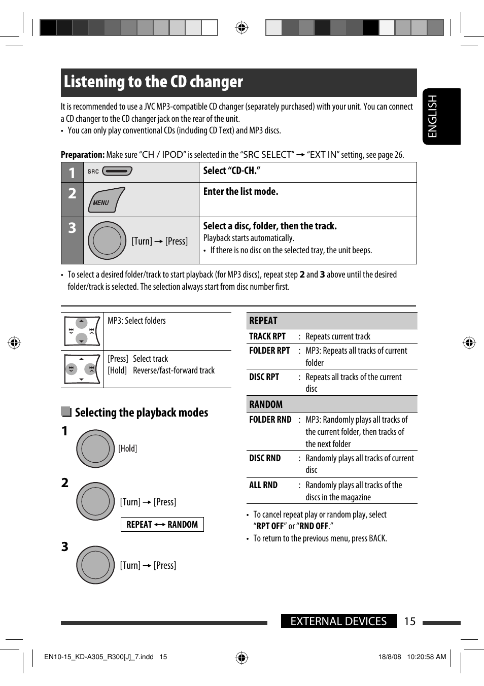 Listening to the cd changer, Selecting the playback modes | JVC GET0570-001A User Manual | Page 15 / 198