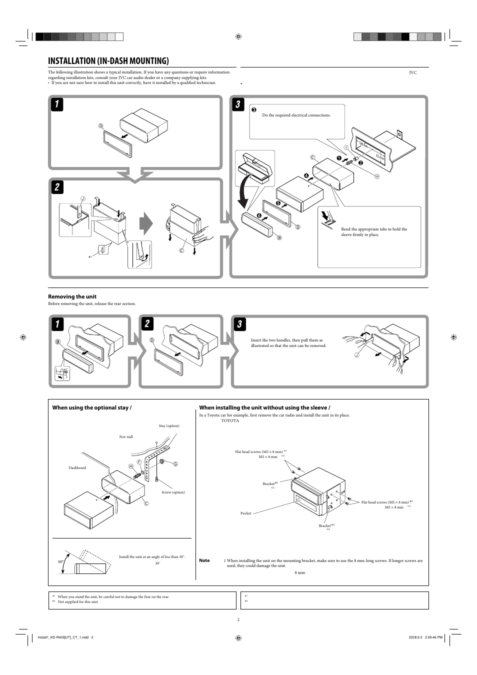 Installation, Removing the unit, Installation (in-dash mounting) | When using the optional stay, When installing the unit without using the sleeve | JVC GET0570-001A User Manual | Page 156 / 198