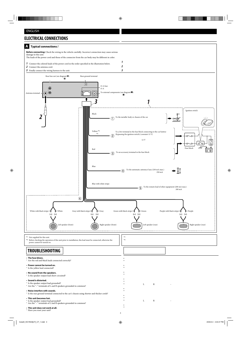 Electrical connections, Troubleshooting, English | Typical connections | JVC GET0570-001A User Manual | Page 157 / 198