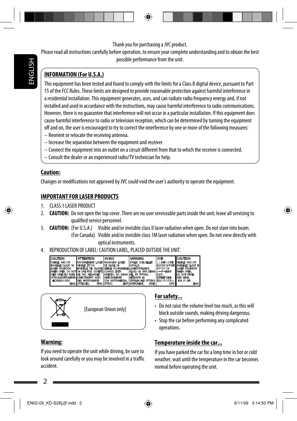 Information (for u.s.a.), Important for laser products, English 2 | JVC GET0570-001A User Manual | Page 160 / 198