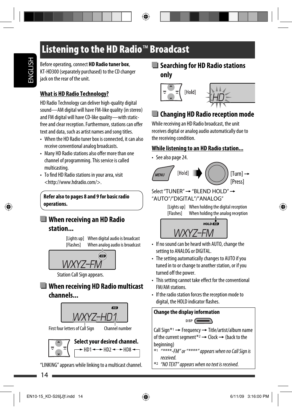 Listening to the hd radio broadcast, Listening to the hd radio ™ broadcast, English 14 | JVC GET0570-001A User Manual | Page 172 / 198