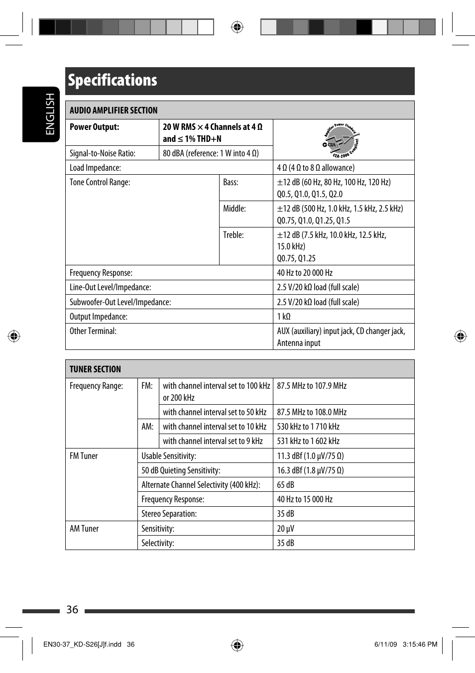 Specifications, English 36 | JVC GET0570-001A User Manual | Page 194 / 198