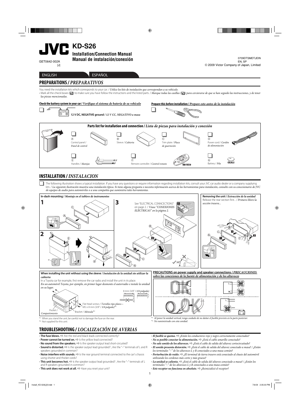 Installation/connection manual, Preparations, Installation | Troubleshooting, Kd-s26, Preparations / preparativos, Troubleshooting / localización de averias, Installation / instalacion, English español | JVC GET0570-001A User Manual | Page 197 / 198