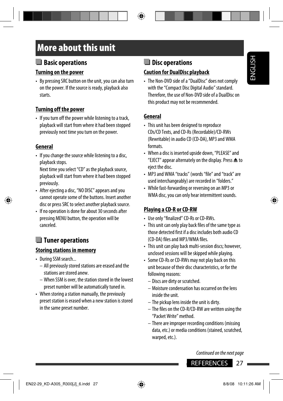 More about this unit, Basic operations, Tuner operations | Disc operations, English 27 references | JVC GET0570-001A User Manual | Page 27 / 198