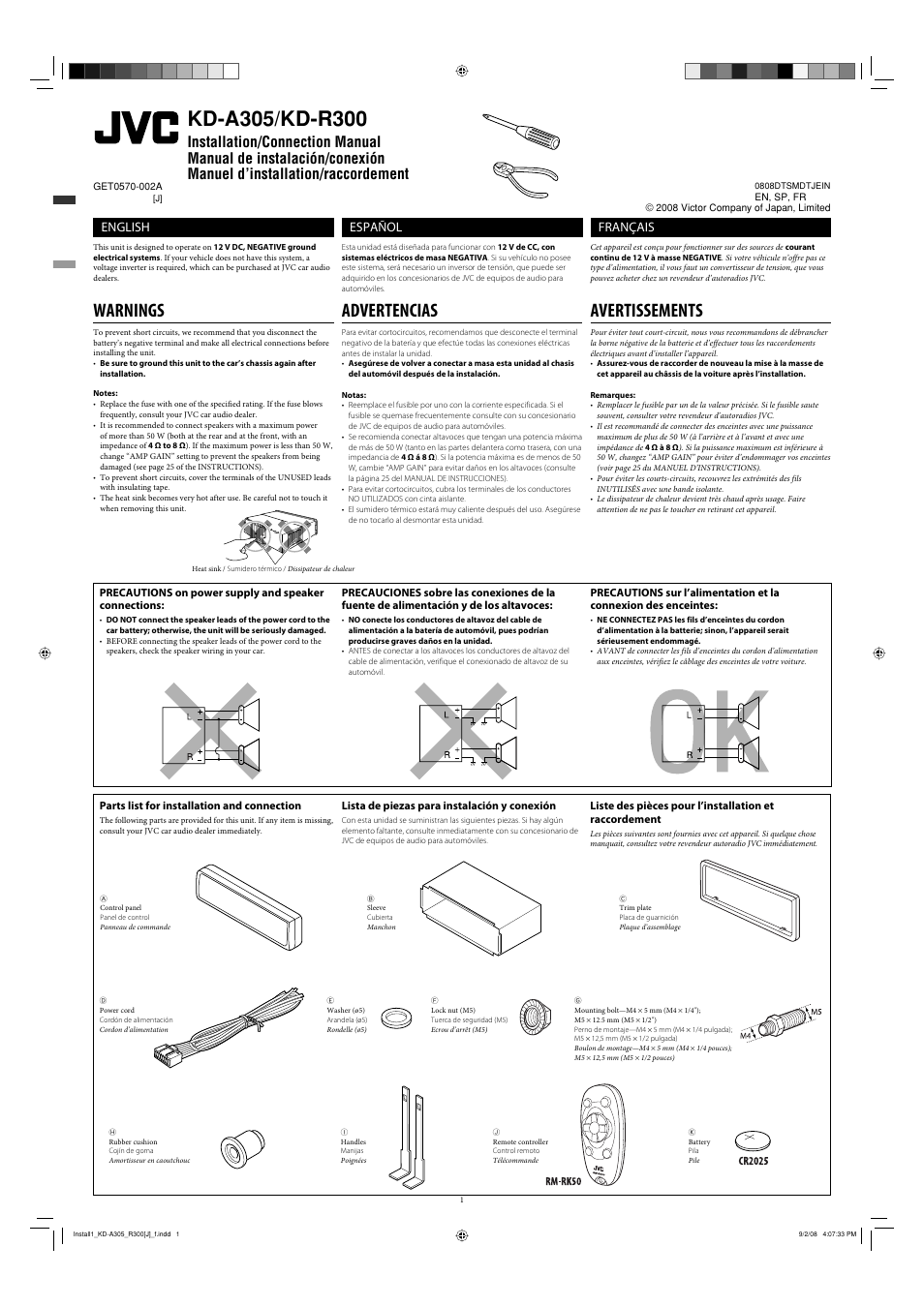 Installation/connection manual, Warnings, Parts list for installation and connection | Advertencias, Avertissements, English, Español, Français, Lista de piezas para instalación y conexión | JVC GET0570-001A User Manual | Page 39 / 198