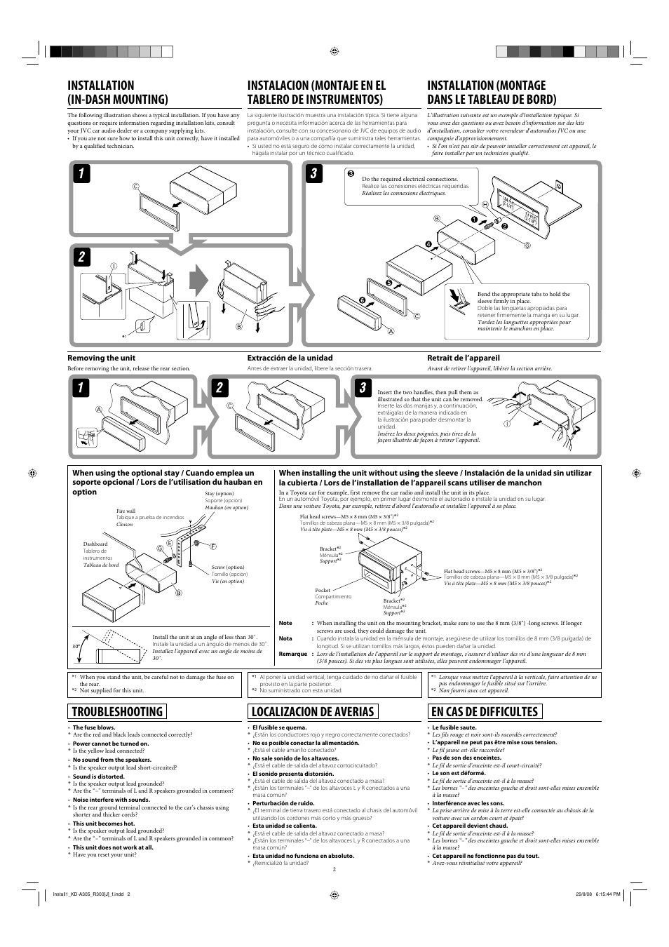 Installation, Removing the unit, Troubleshooting | Installation (in-dash mounting), Installation (montage dans le tableau de bord), Localizacion de averias, En cas de difficultes, Extracción de la unidad, Retrait de l’appareil | JVC GET0570-001A User Manual | Page 40 / 198