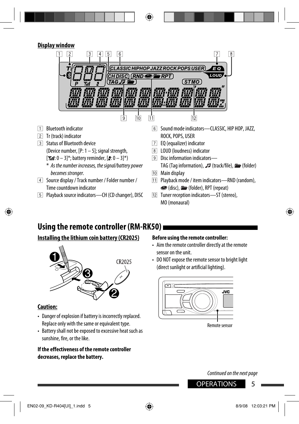 Using the remote controller (rm-rk50), 5operations | JVC GET0570-001A User Manual | Page 47 / 198