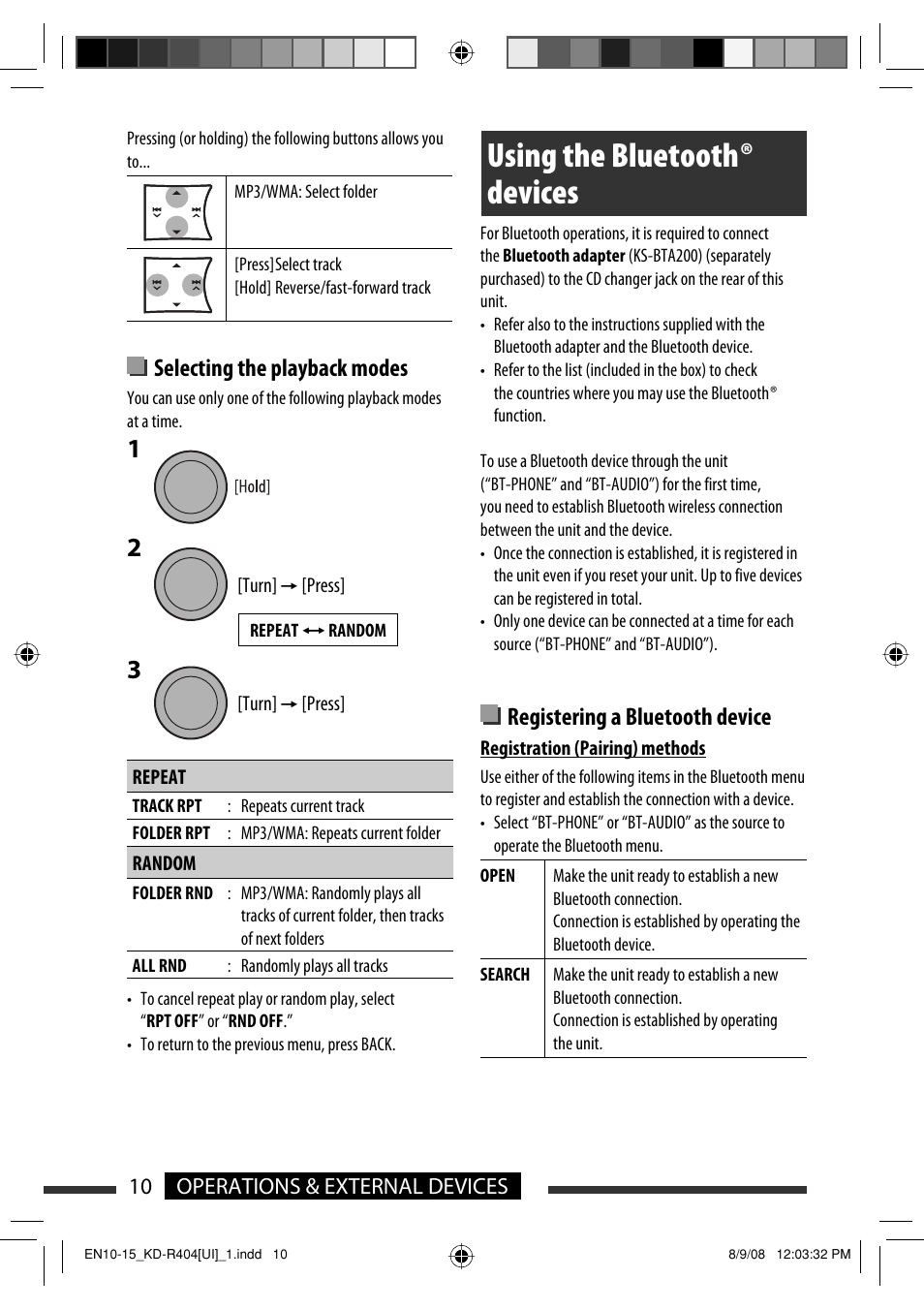 Using the bluetooth devices, Using the bluetooth ® devices, Selecting the playback modes | Registering a bluetooth device | JVC GET0570-001A User Manual | Page 52 / 198