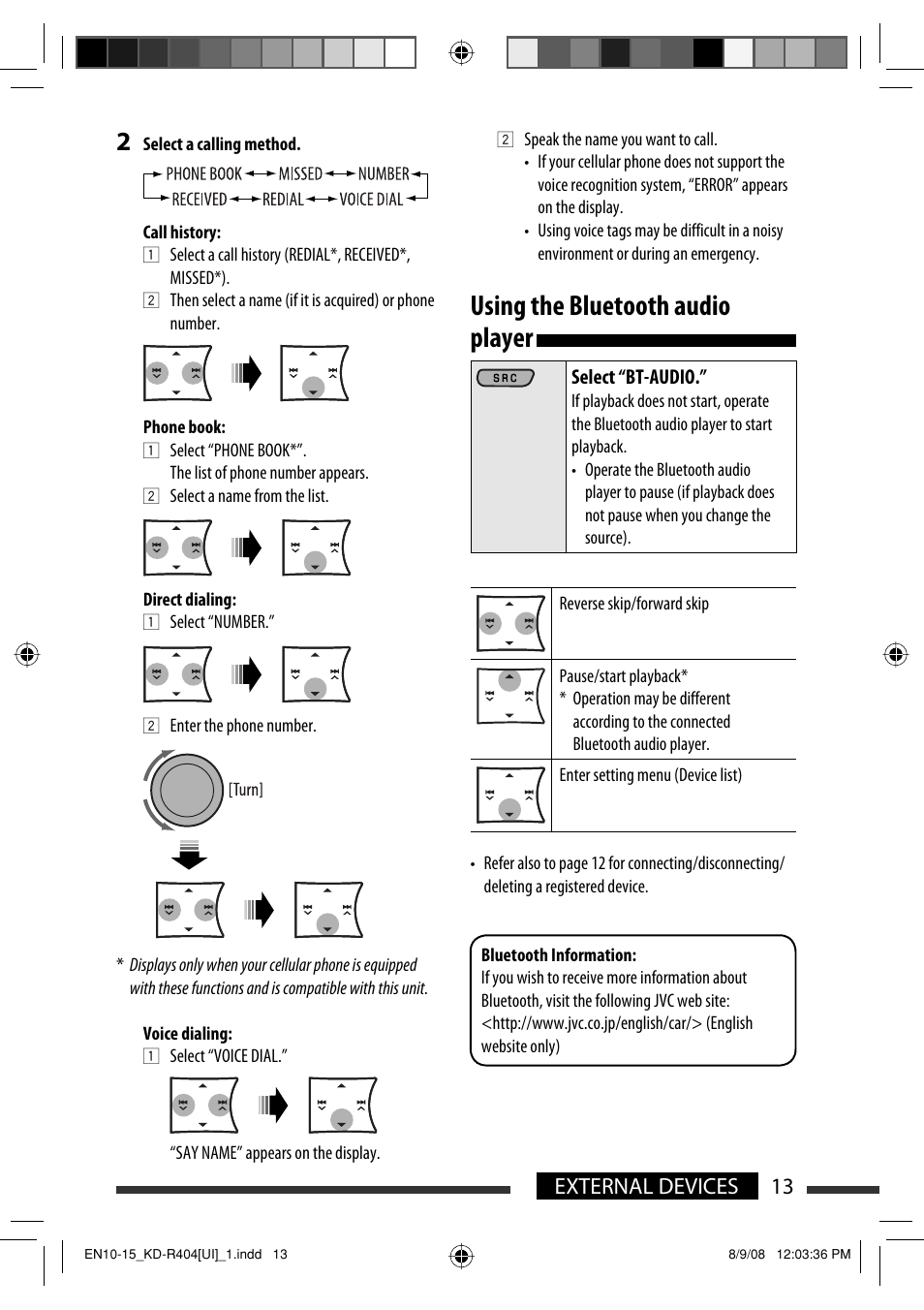 Using the bluetooth audio player, 13 external devices | JVC GET0570-001A User Manual | Page 55 / 198