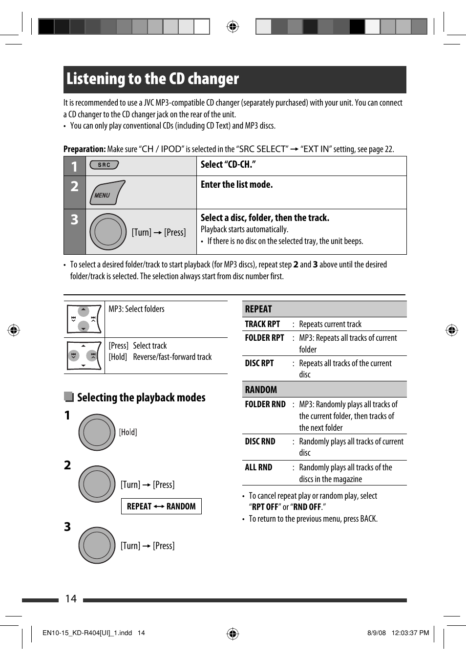 Listening to the cd changer, Selecting the playback modes | JVC GET0570-001A User Manual | Page 56 / 198